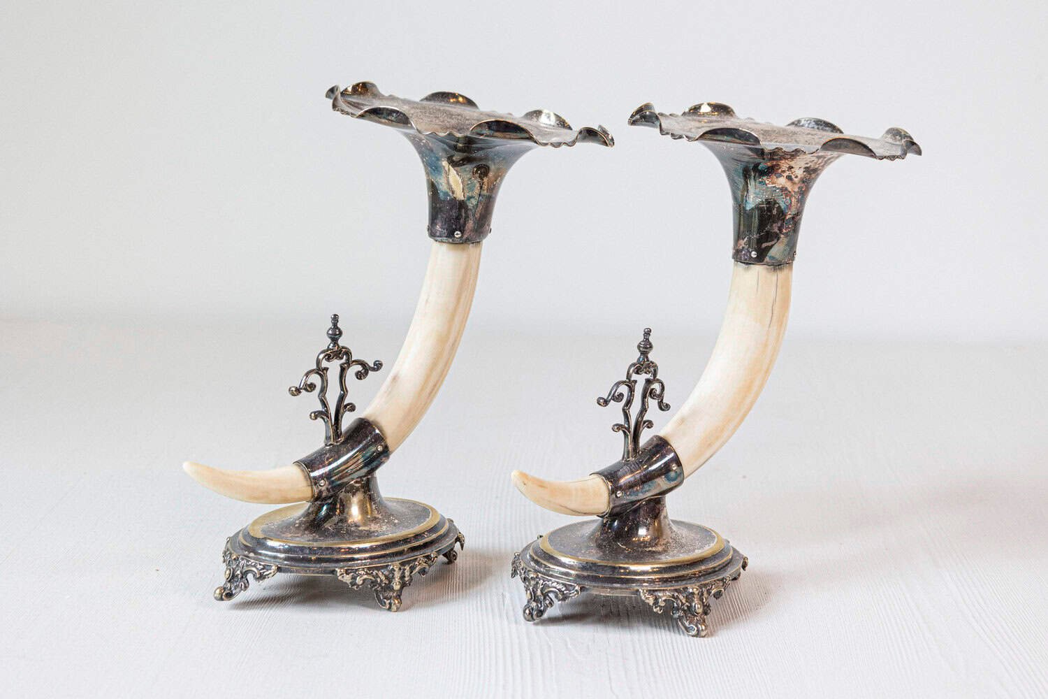 English Victorian Rodgers & Sons 19th Century Game Animal Horns on Silver Mounts - JAA
