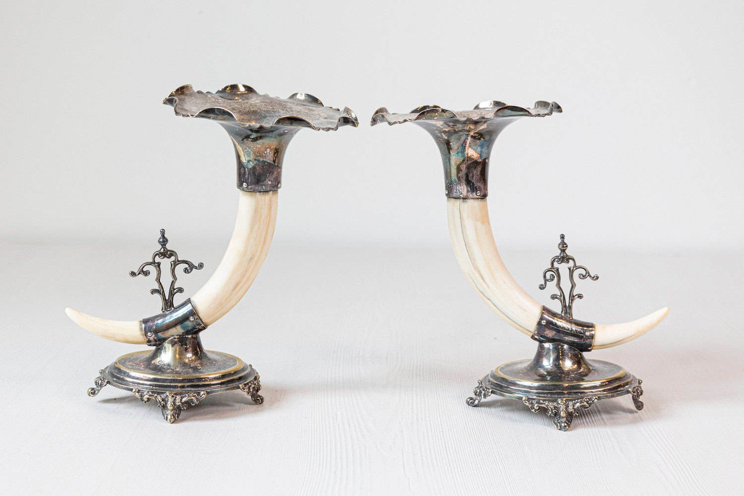 English Victorian Rodgers & Sons 19th Century Game Animal Horns on Silver Mounts - JAA