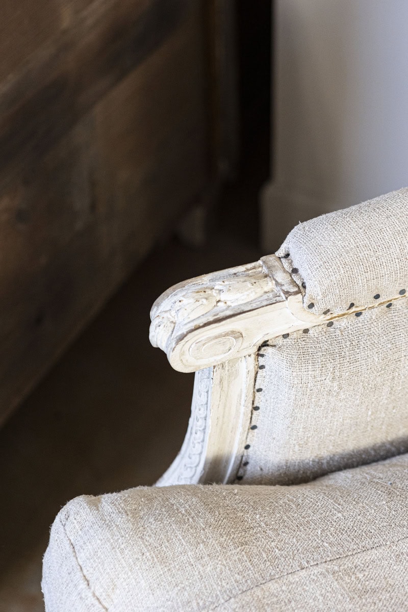 French Louis XVI Style Carved and Painted Wood Marquise Wingback Armchair - JAA