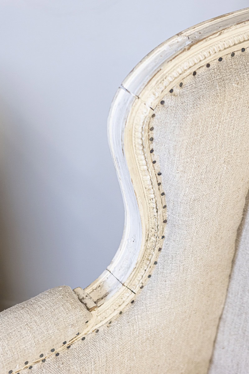 French Louis XVI Style Carved and Painted Wood Marquise Wingback Armchair - JAA