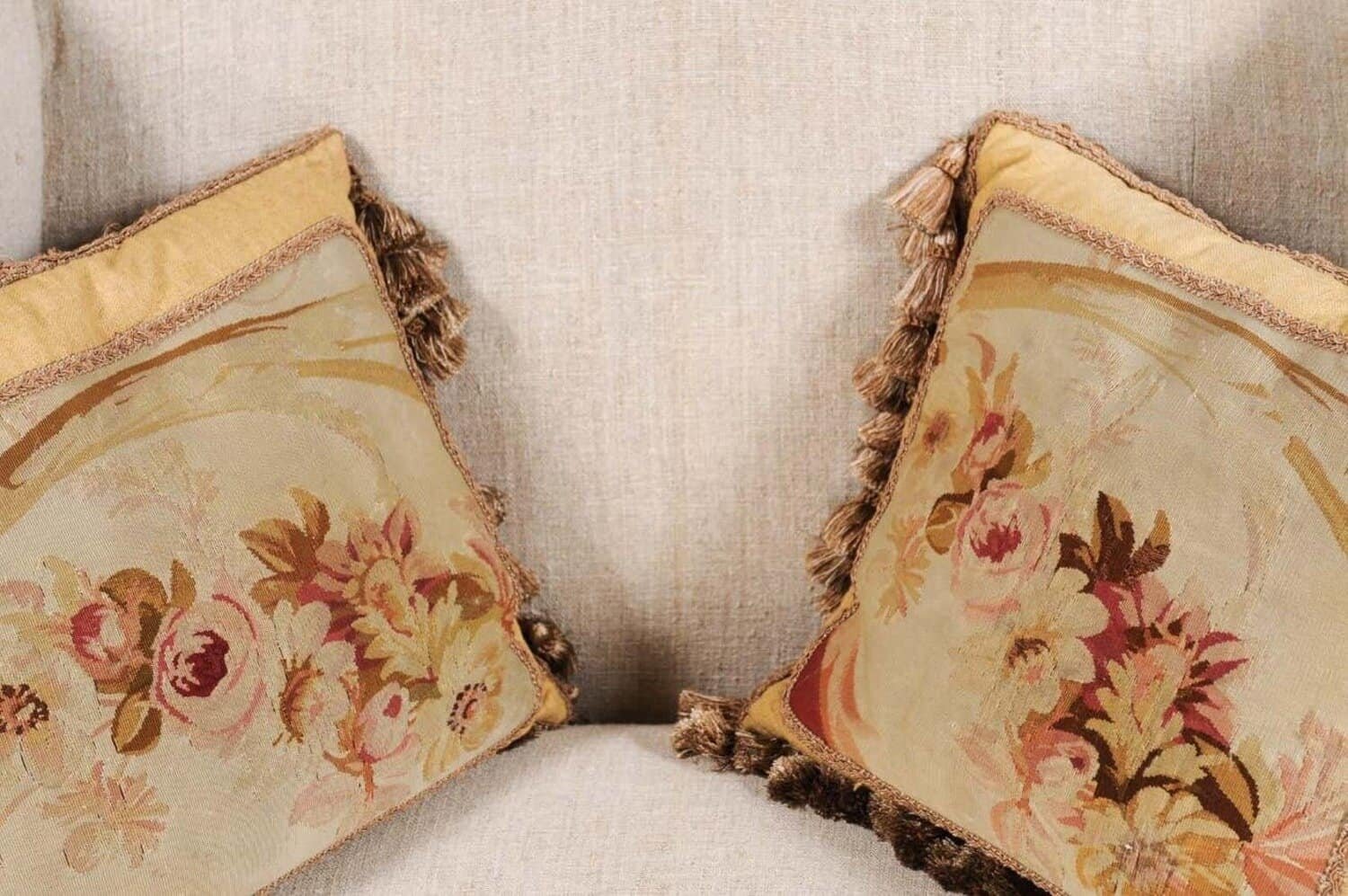 Pair of French 19th Century Aubusson Tapestry Pillows with Roses and Tassels - JAA