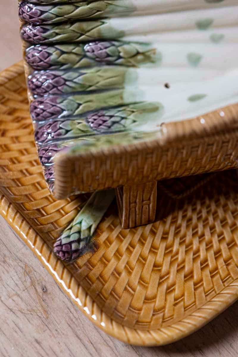 French 19th Century Majolica Asparagus Tray with Cradle and Wicker Motif - JAA