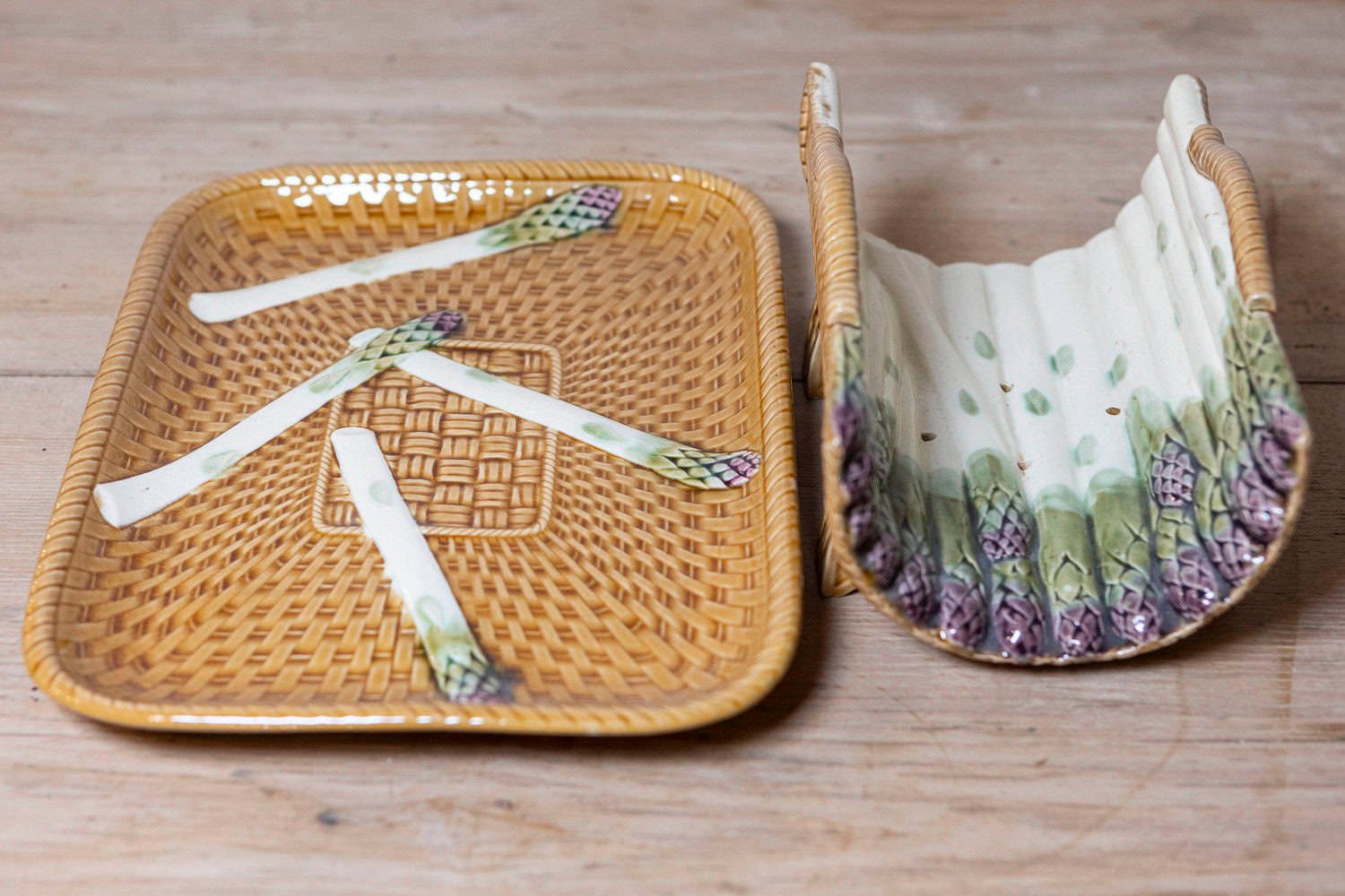 French 19th Century Majolica Asparagus Tray with Cradle and Wicker Motif - JAA
