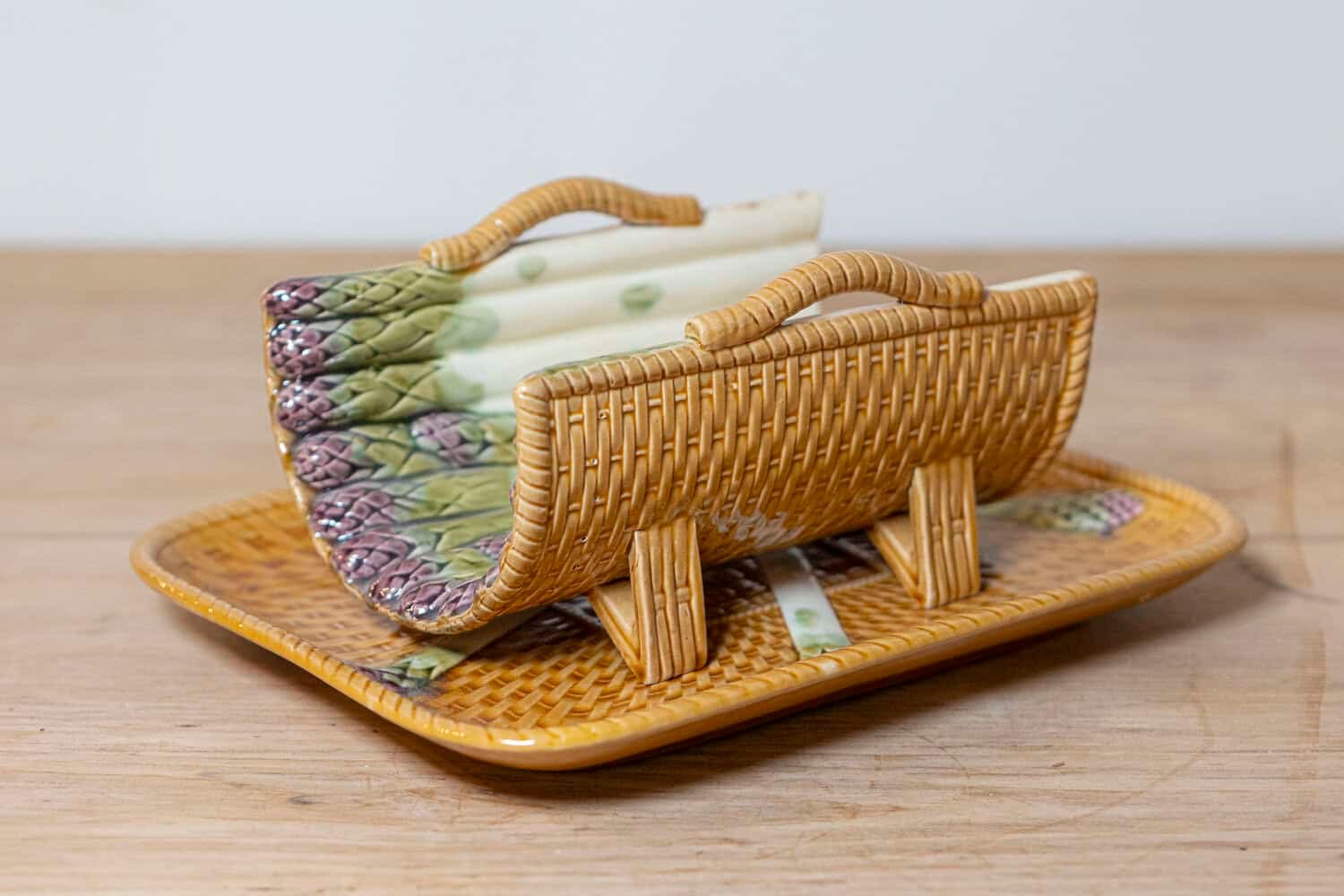 French 19th Century Majolica Asparagus Tray with Cradle and Wicker Motif - JAA