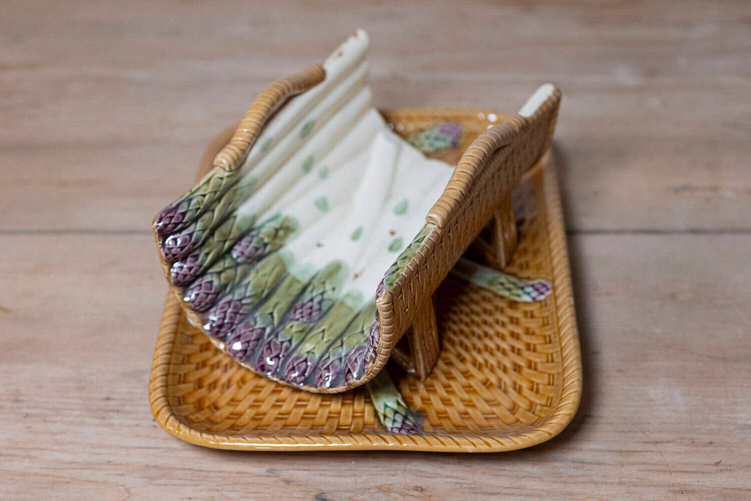 French 19th Century Majolica Asparagus Tray with Cradle and Wicker Motif - JAA