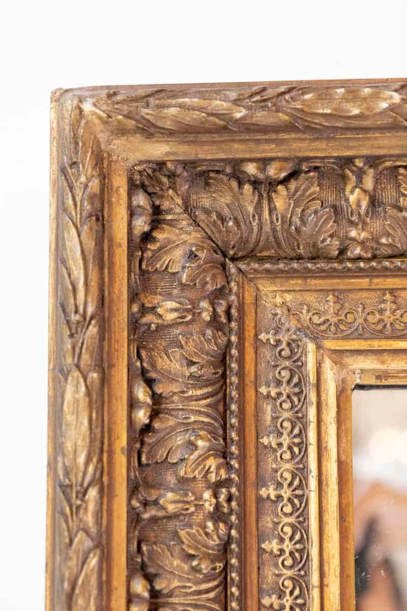 French 20th Century Gilded Mirror with Carved Foliage Motifs and Beads - JAA
