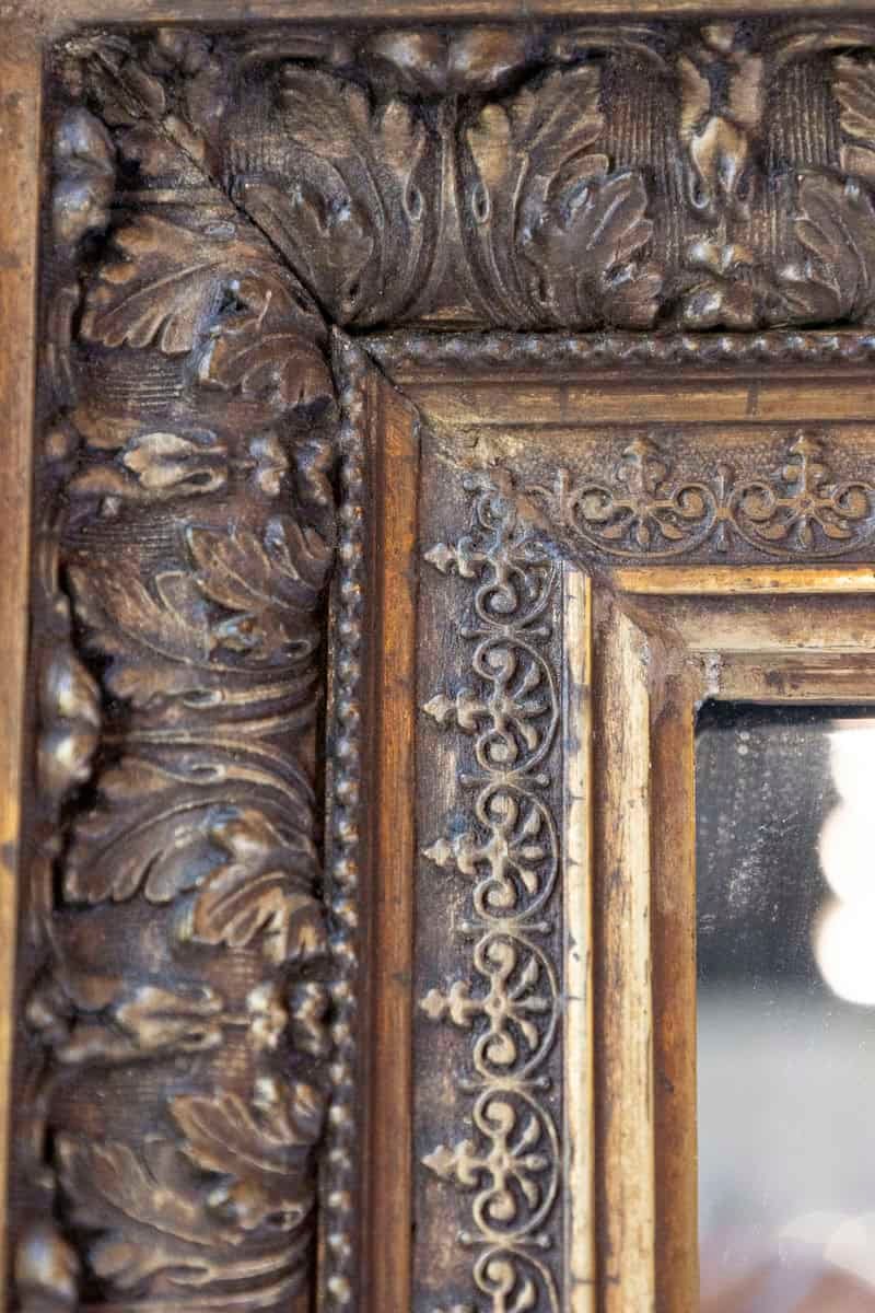 French 20th Century Gilded Mirror with Carved Foliage Motifs and Beads - JAA