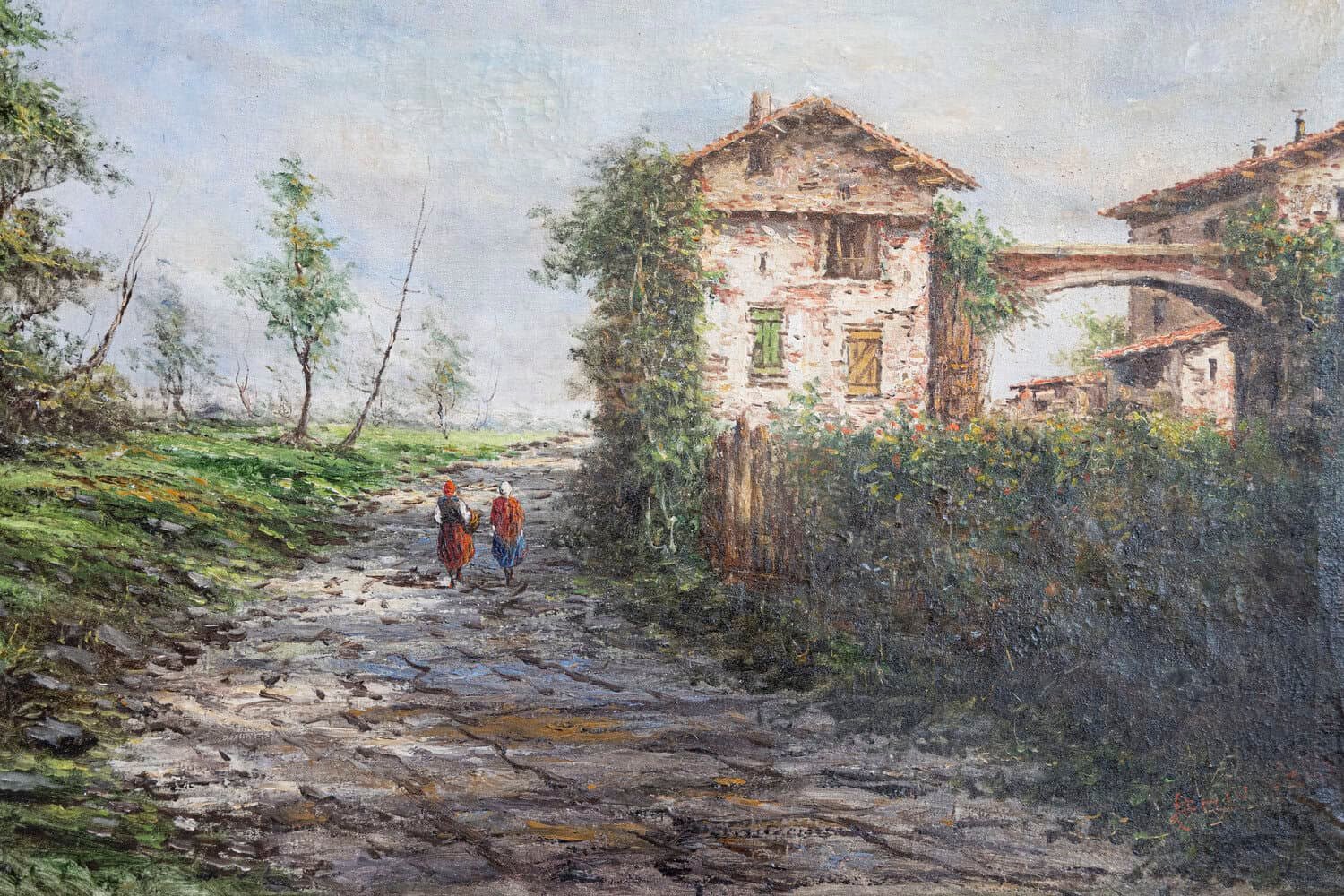 Austrian Oil Painting by Anton Brioschi Depicting a Farm Scene with Two Maidens - JAA