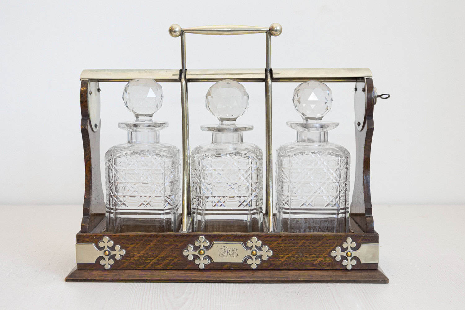 English 19th Century Victorian Locking Tantalus with Three Cut Glass Decanters - JAA