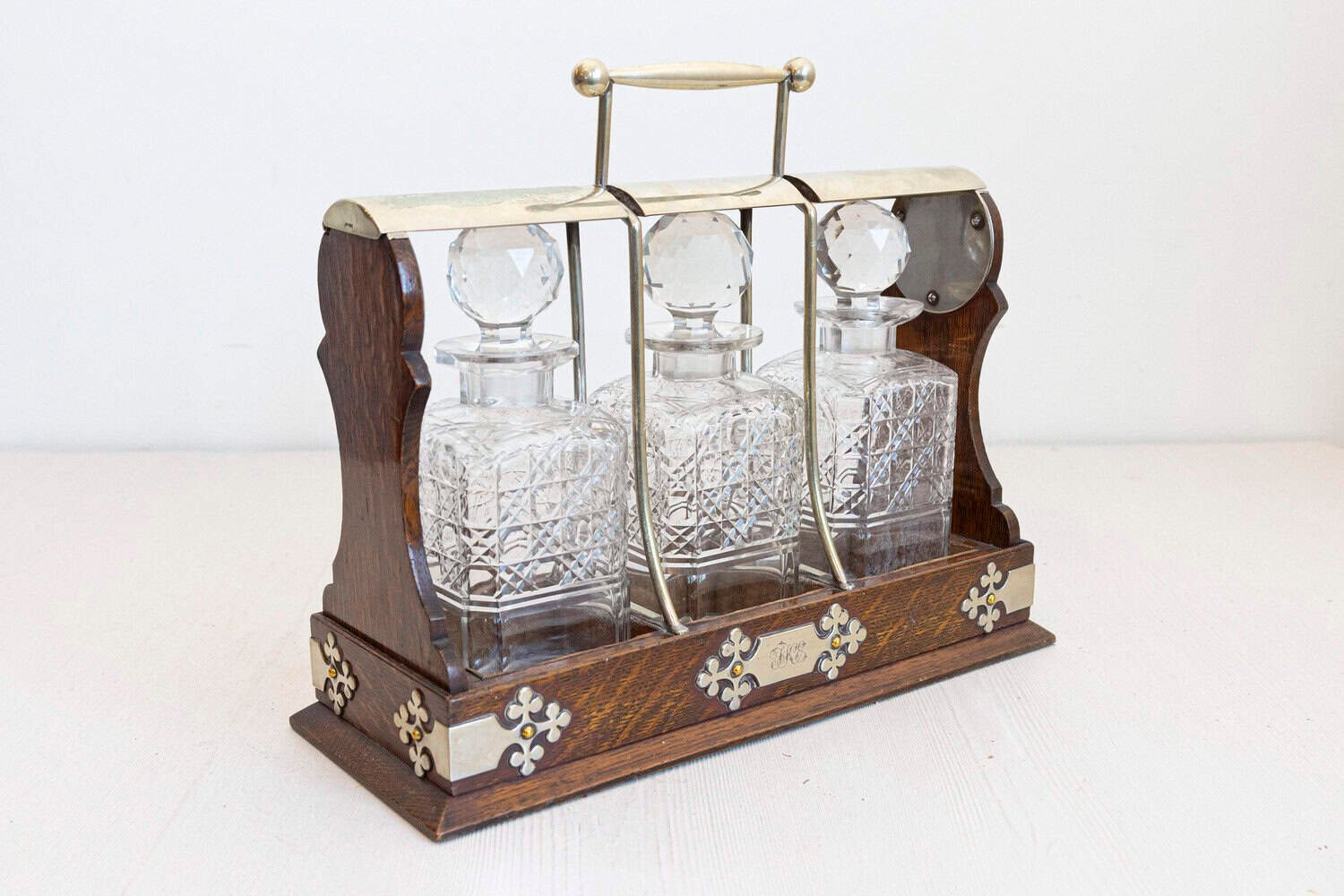 English 19th Century Victorian Locking Tantalus with Three Cut Glass Decanters - JAA