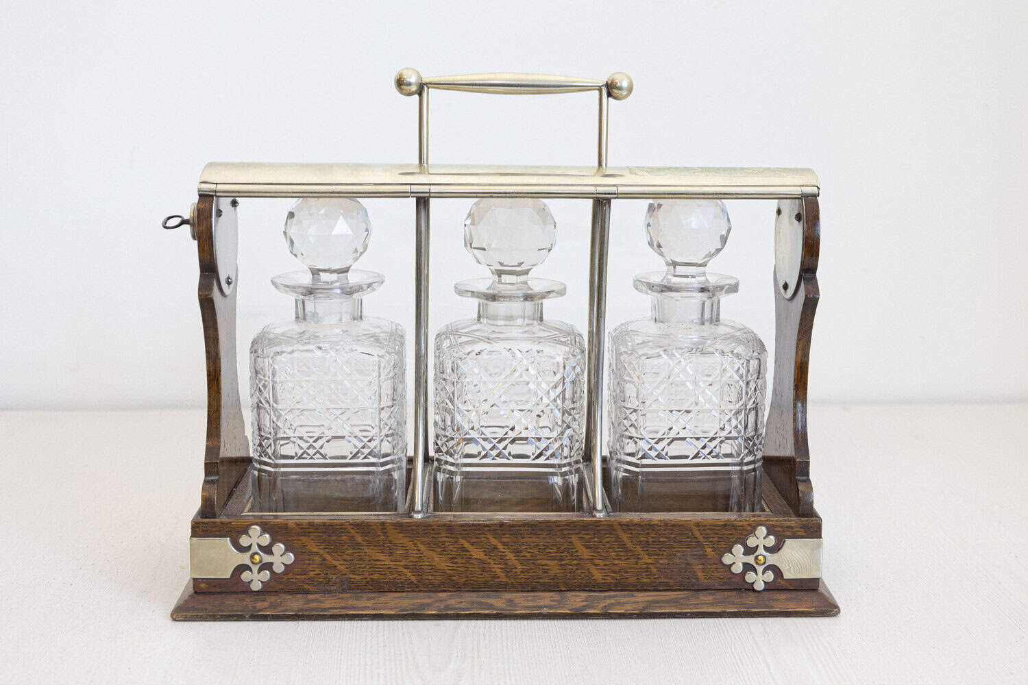 English 19th Century Victorian Locking Tantalus with Three Cut Glass Decanters - JAA