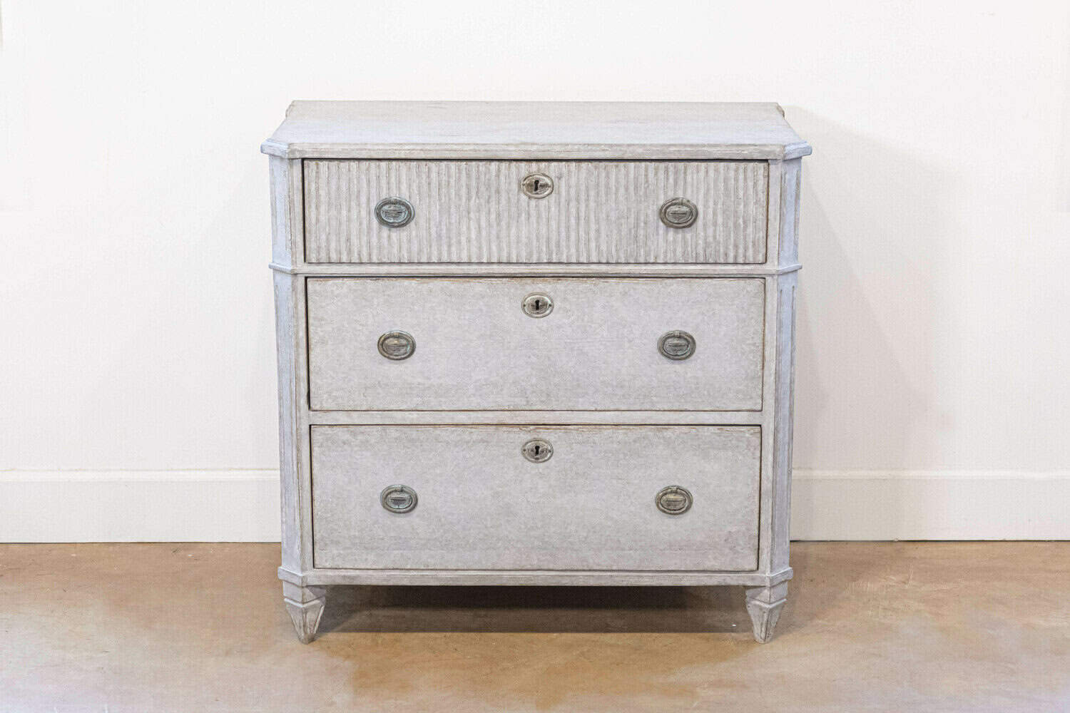 Swedish 1890s Gustavian Style Gray Painted Three Drawer Chest with Reeded Motifs - JAA