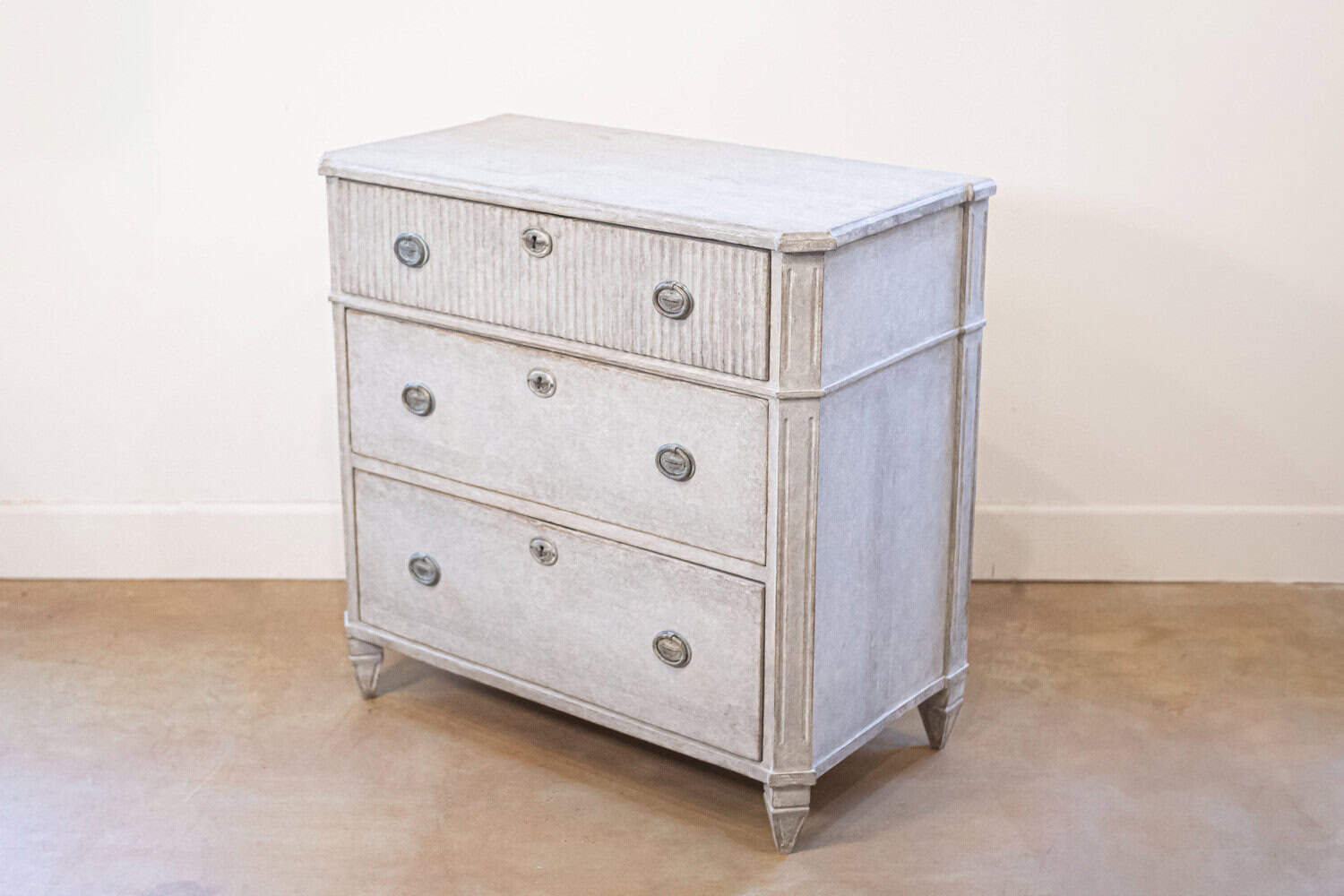 Swedish 1890s Gustavian Style Gray Painted Three Drawer Chest with Reeded Motifs - JAA