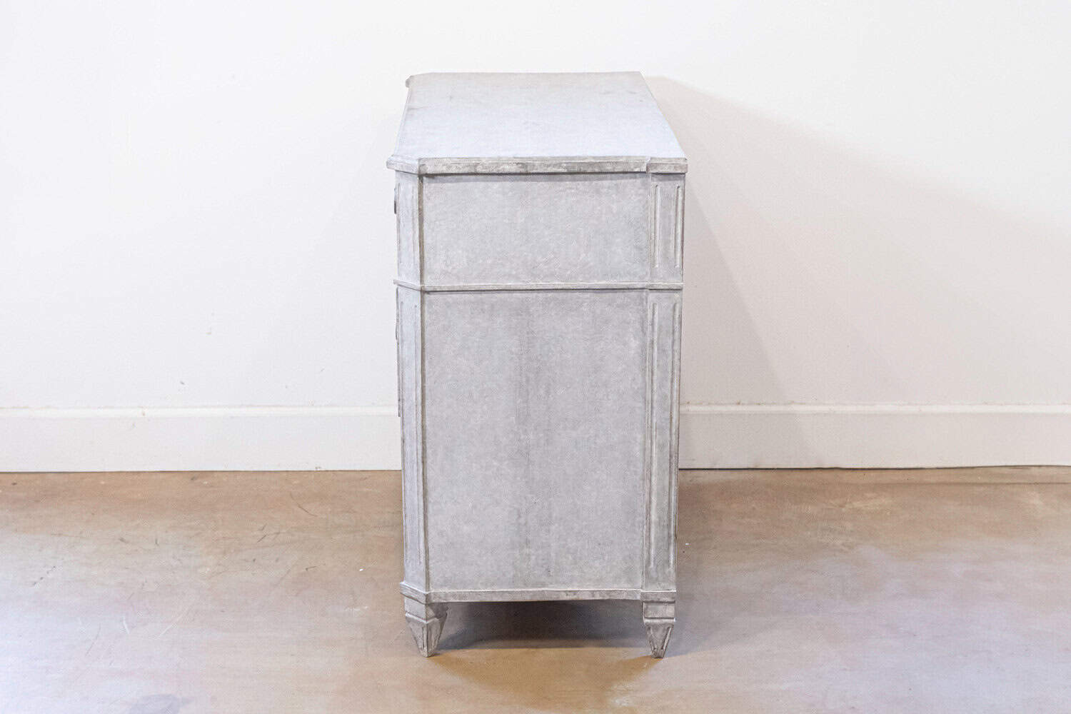 Swedish 1890s Gustavian Style Gray Painted Three Drawer Chest with Reeded Motifs - JAA