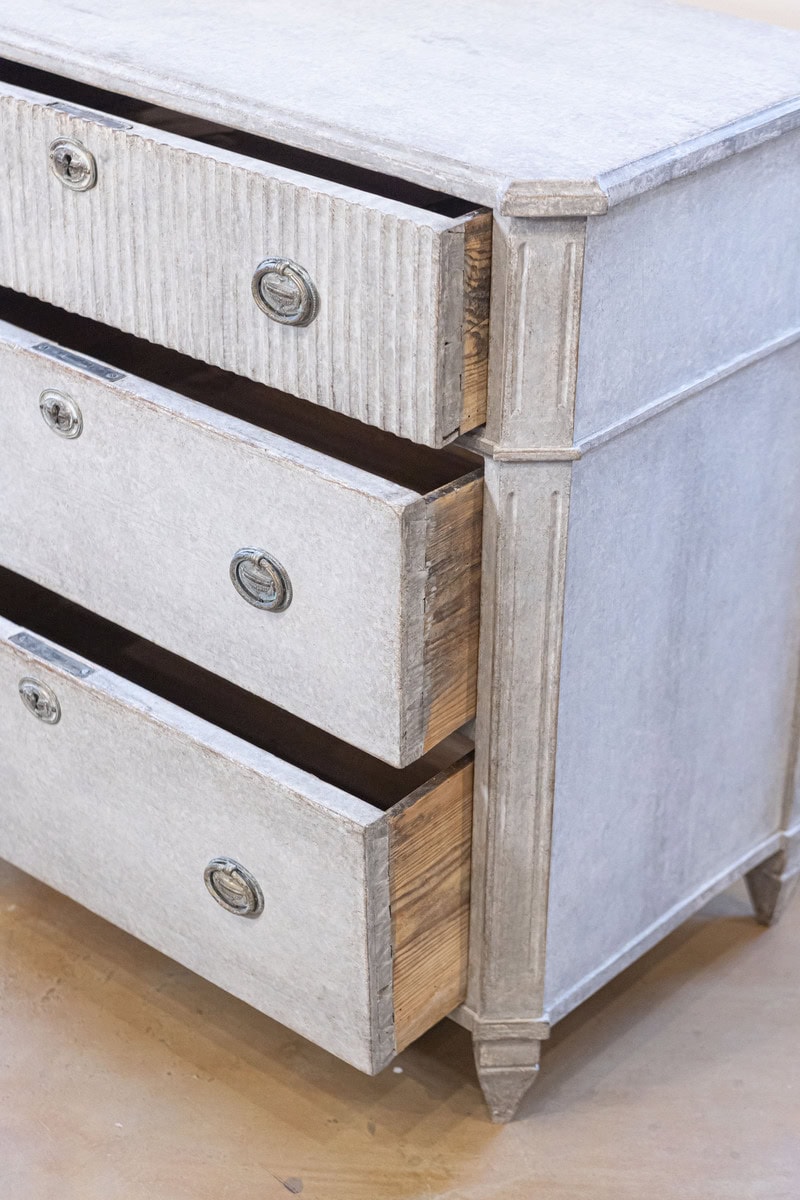 Swedish 1890s Gustavian Style Gray Painted Three Drawer Chest with Reeded Motifs - JAA