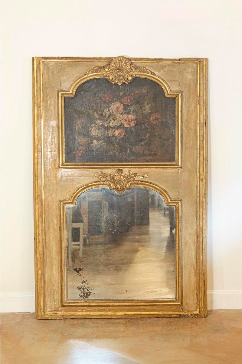 French 1790s Painted Trumeau Mirror with Original Oil on Canvas Floral Painting - JAA