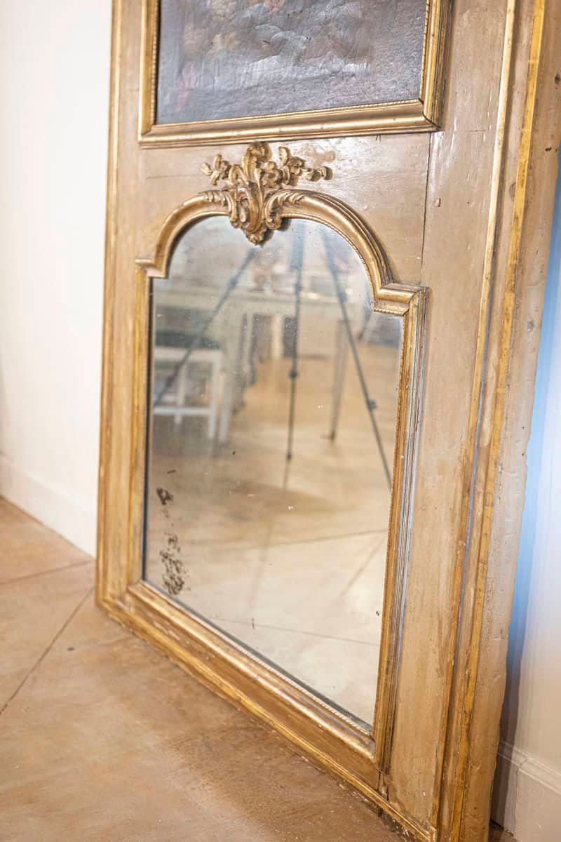 French 1790s Painted Trumeau Mirror with Original Oil on Canvas Floral Painting - JAA