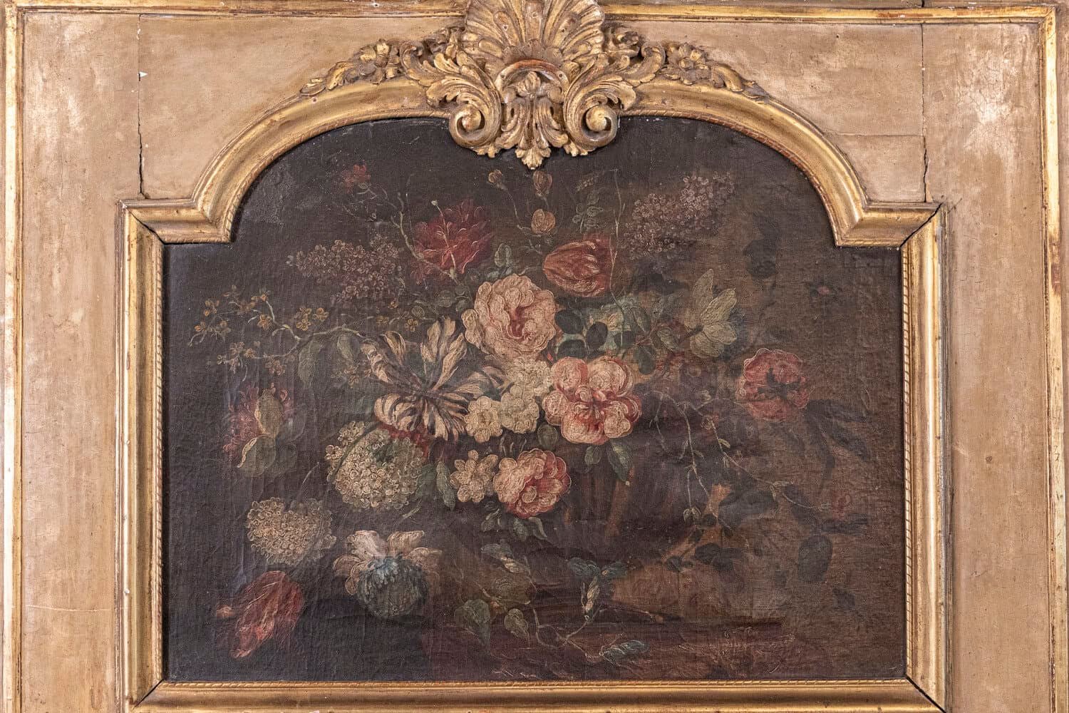 French 1790s Painted Trumeau Mirror with Original Oil on Canvas Floral Painting - JAA