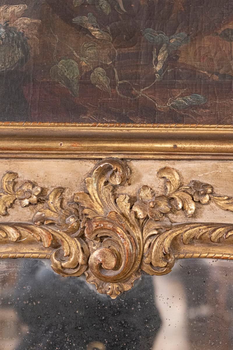 French 1790s Painted Trumeau Mirror with Original Oil on Canvas Floral Painting - JAA