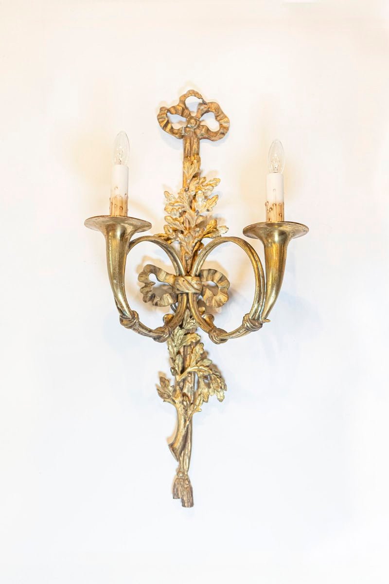 Pair of French Louis XVI Style Bronze Two-Light Sconces with Hunting Horns - JAA