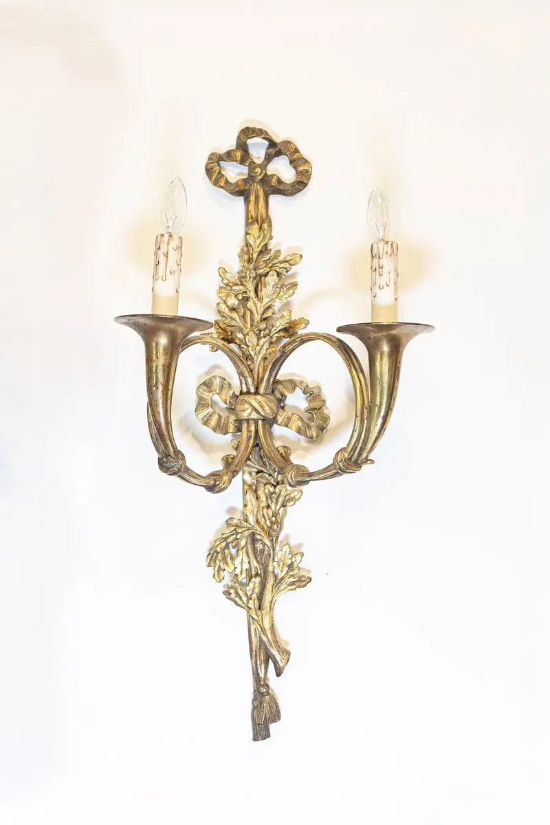 Pair of French Louis XVI Style Bronze Two-Light Sconces with Hunting Horns - JAA