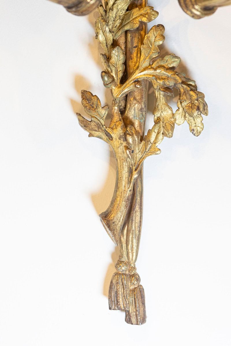 Pair of French Louis XVI Style Bronze Two-Light Sconces with Hunting Horns - JAA