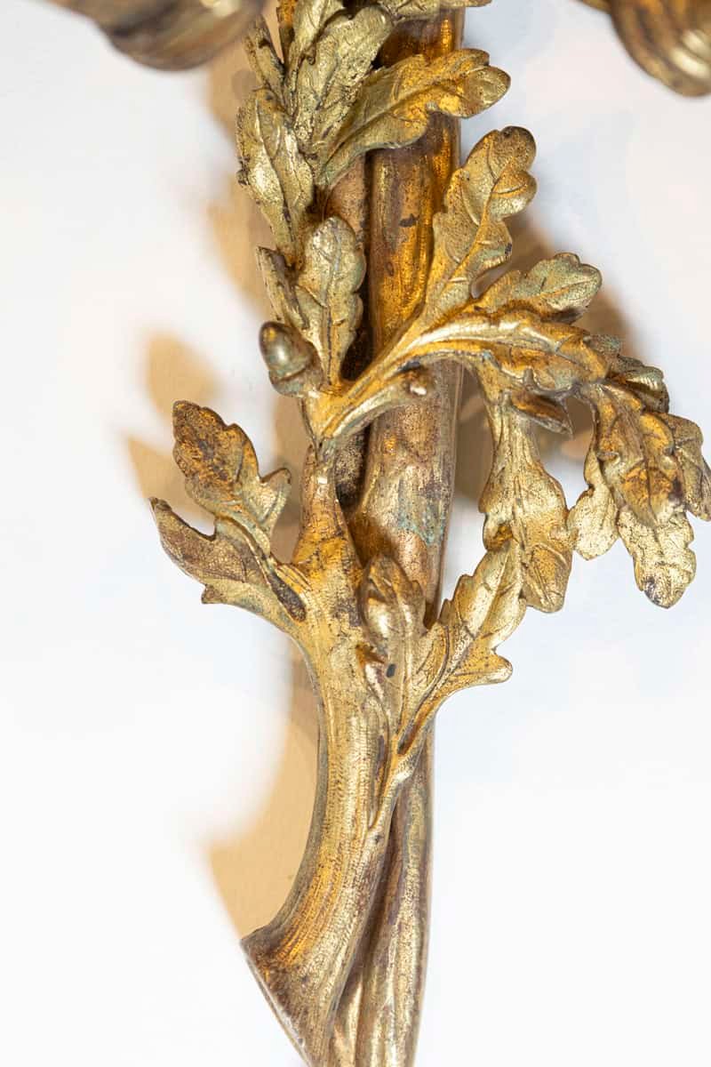 Pair of French Louis XVI Style Bronze Two-Light Sconces with Hunting Horns - JAA