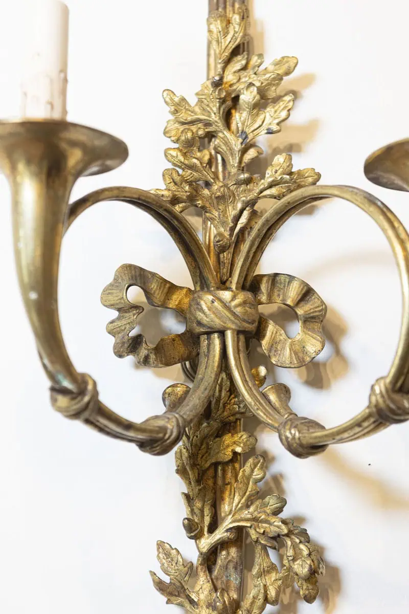 Pair of French Louis XVI Style Bronze Two-Light Sconces with Hunting Horns - JAA