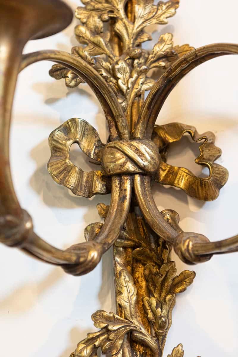 Pair of French Louis XVI Style Bronze Two-Light Sconces with Hunting Horns - JAA