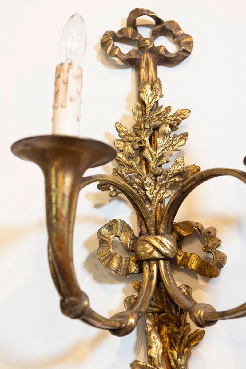 Pair of French Louis XVI Style Bronze Two-Light Sconces with Hunting Horns - JAA