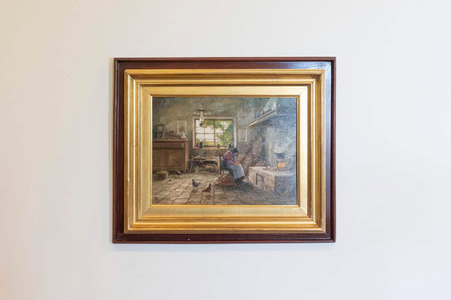 Italian Giuseppe Gheduzzi Oil on Panel Painting of Woman in Front of a Fireplace - JAA