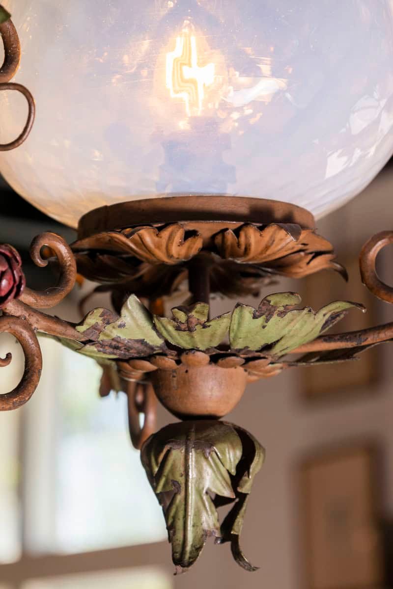 20th Century Italian Tole Lantern with Hand-Painted Floral Garland and Opaline Glass Shade - JAA