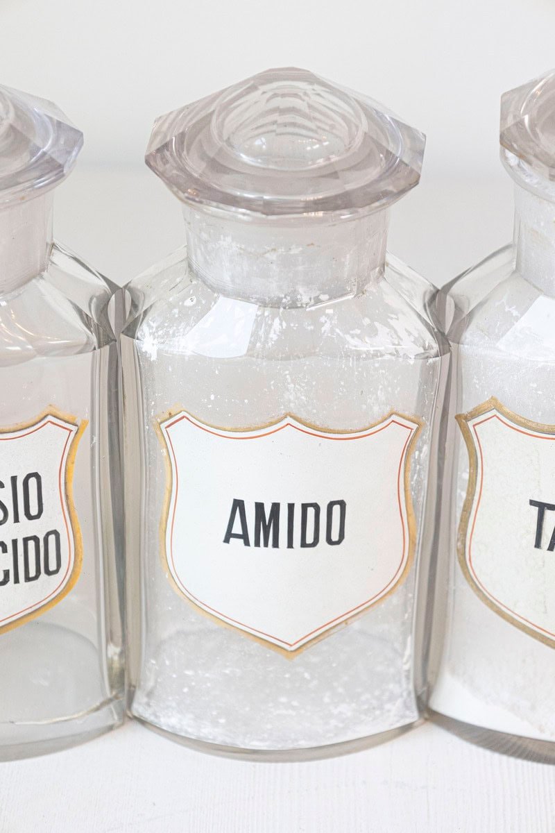 10 Vintage Italian Glass Pharmacy Jars with Labels, Sold Each - JAA