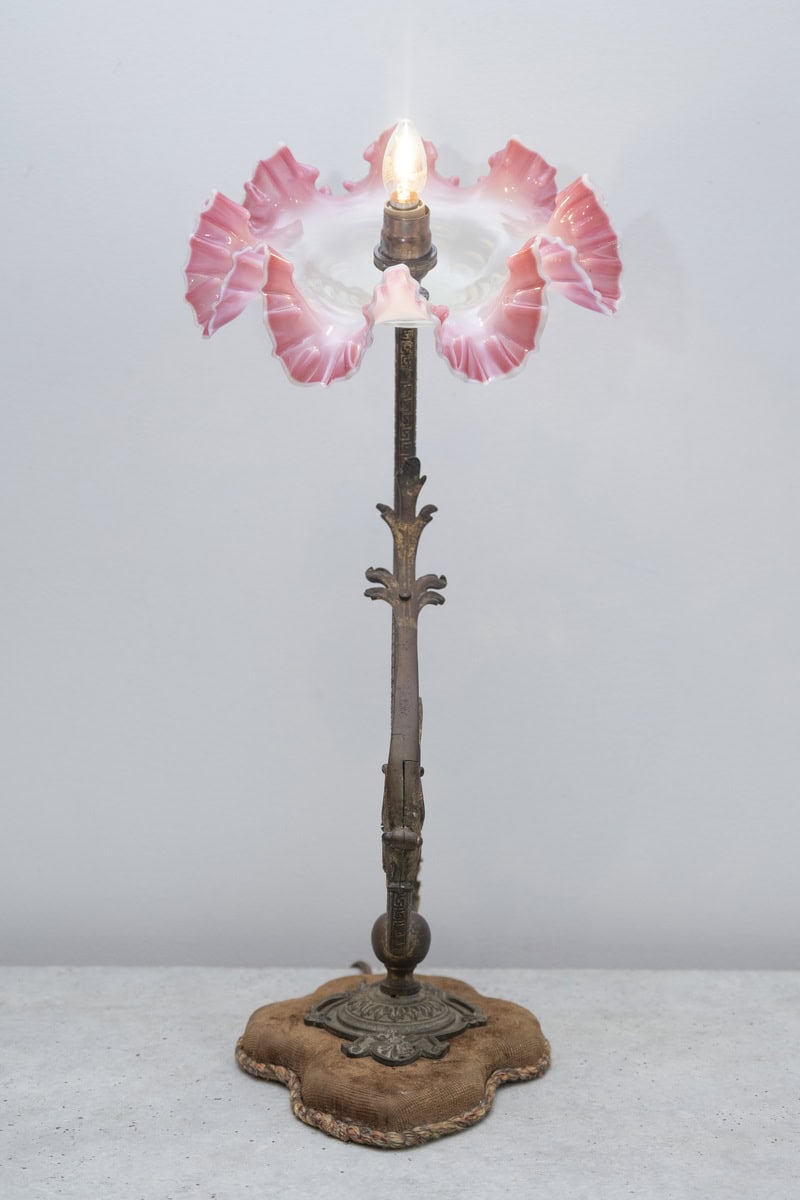 Exquisite 19th-Century French Art Nouveau Lamp with Hand-Blown Pink Ruffled Glass Shade - JAA