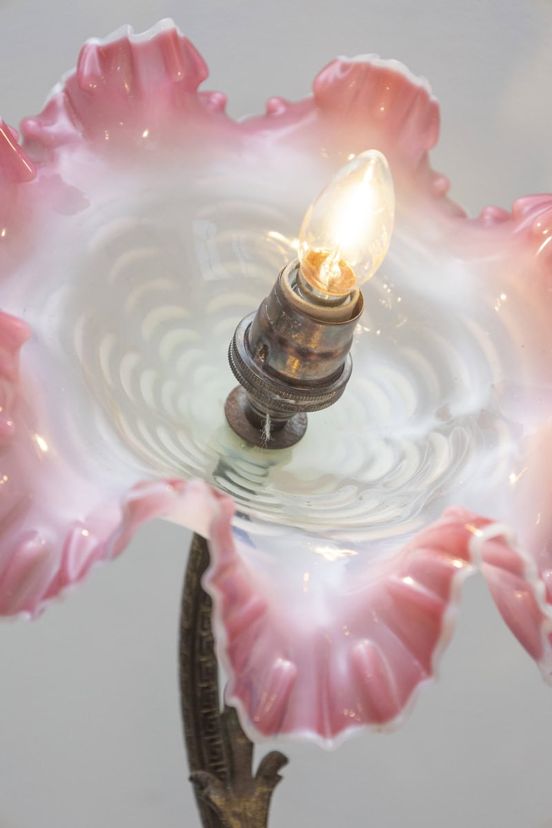 Exquisite 19th-Century French Art Nouveau Lamp with Hand-Blown Pink Ruffled Glass Shade - JAA