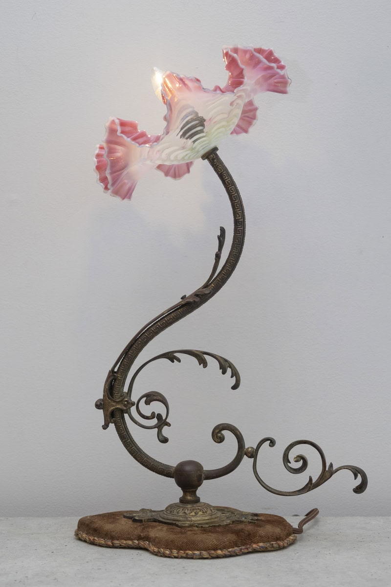 Exquisite 19th-Century French Art Nouveau Lamp with Hand-Blown Pink Ruffled Glass Shade - JAA