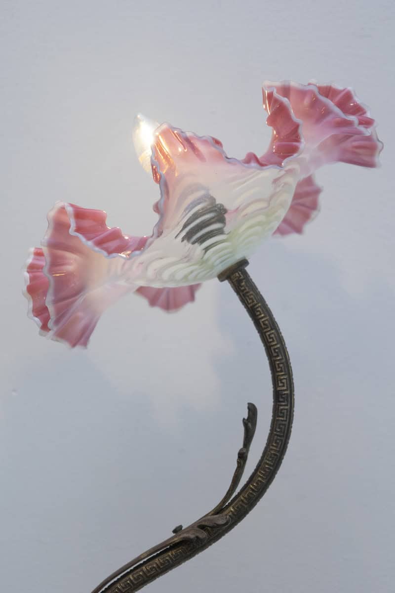 Exquisite 19th-Century French Art Nouveau Lamp with Hand-Blown Pink Ruffled Glass Shade - JAA