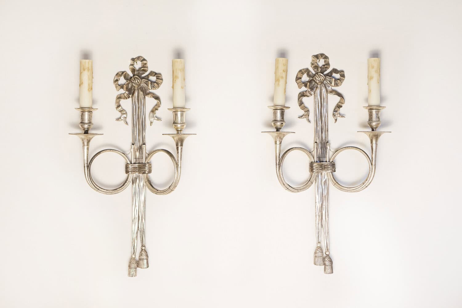 Pair of French Maison Baguès Inspired Silvered Bronze Sconces with Hunting Horns - JAA