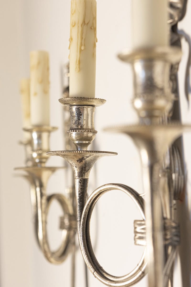 Pair of French Maison Baguès Inspired Silvered Bronze Sconces with Hunting Horns - JAA