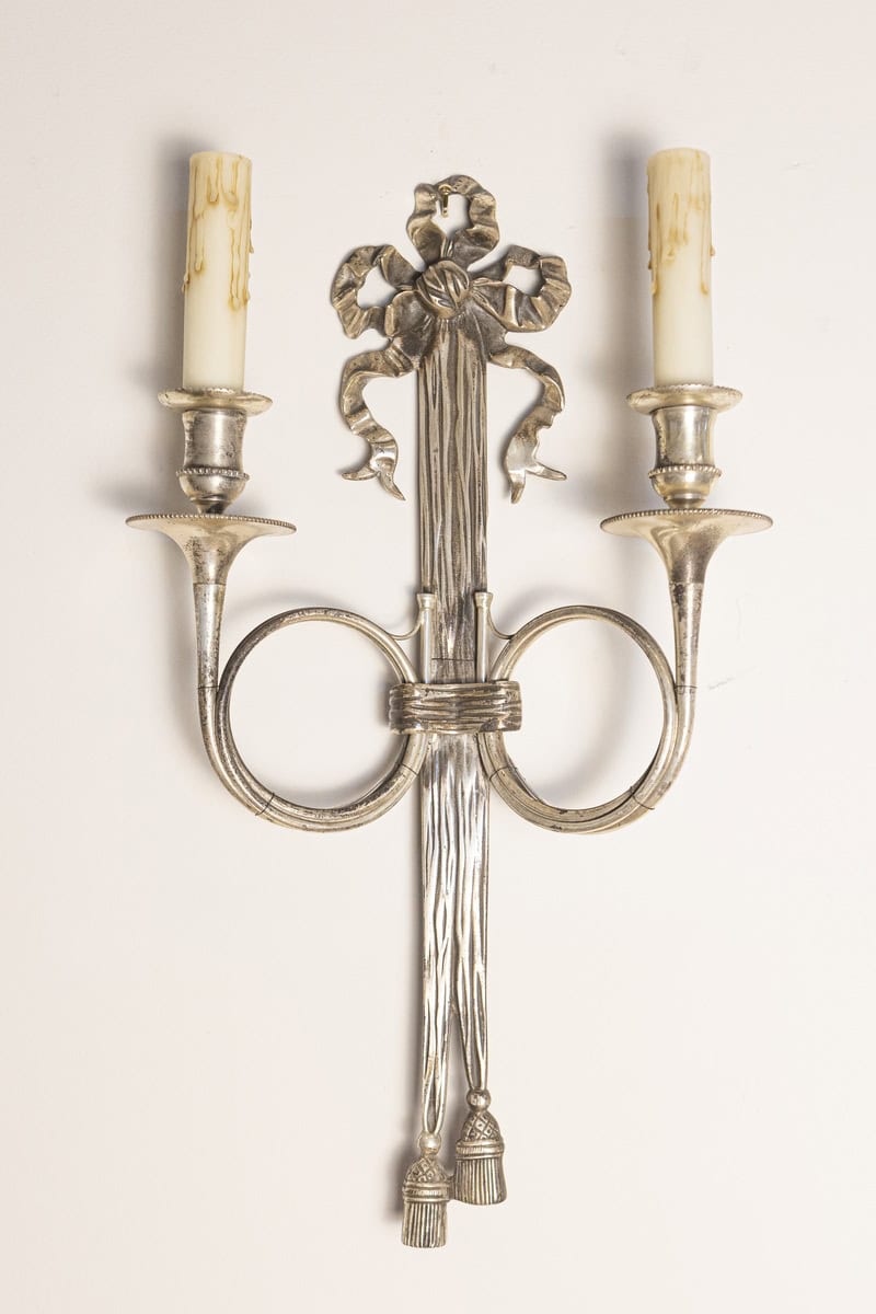 Pair of French Maison Baguès Inspired Silvered Bronze Sconces with Hunting Horns - JAA