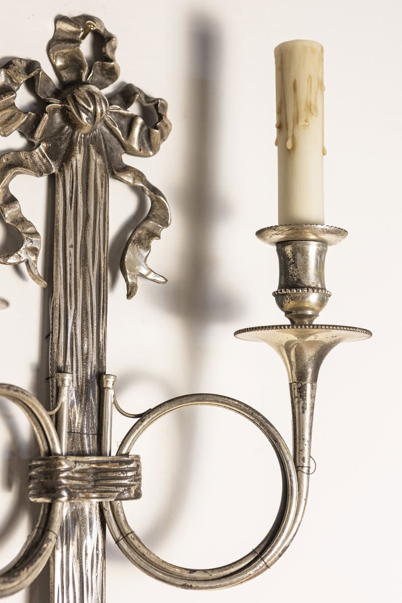 Pair of French Maison Baguès Inspired Silvered Bronze Sconces with Hunting Horns - JAA