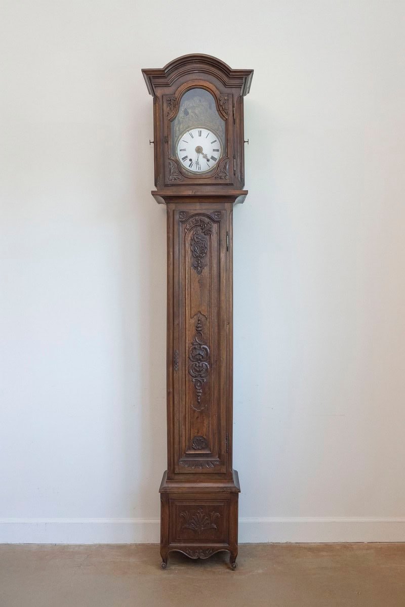 French Napoléon III Carved Walnut Long Case Clock with Brass Farming Scene - JAA