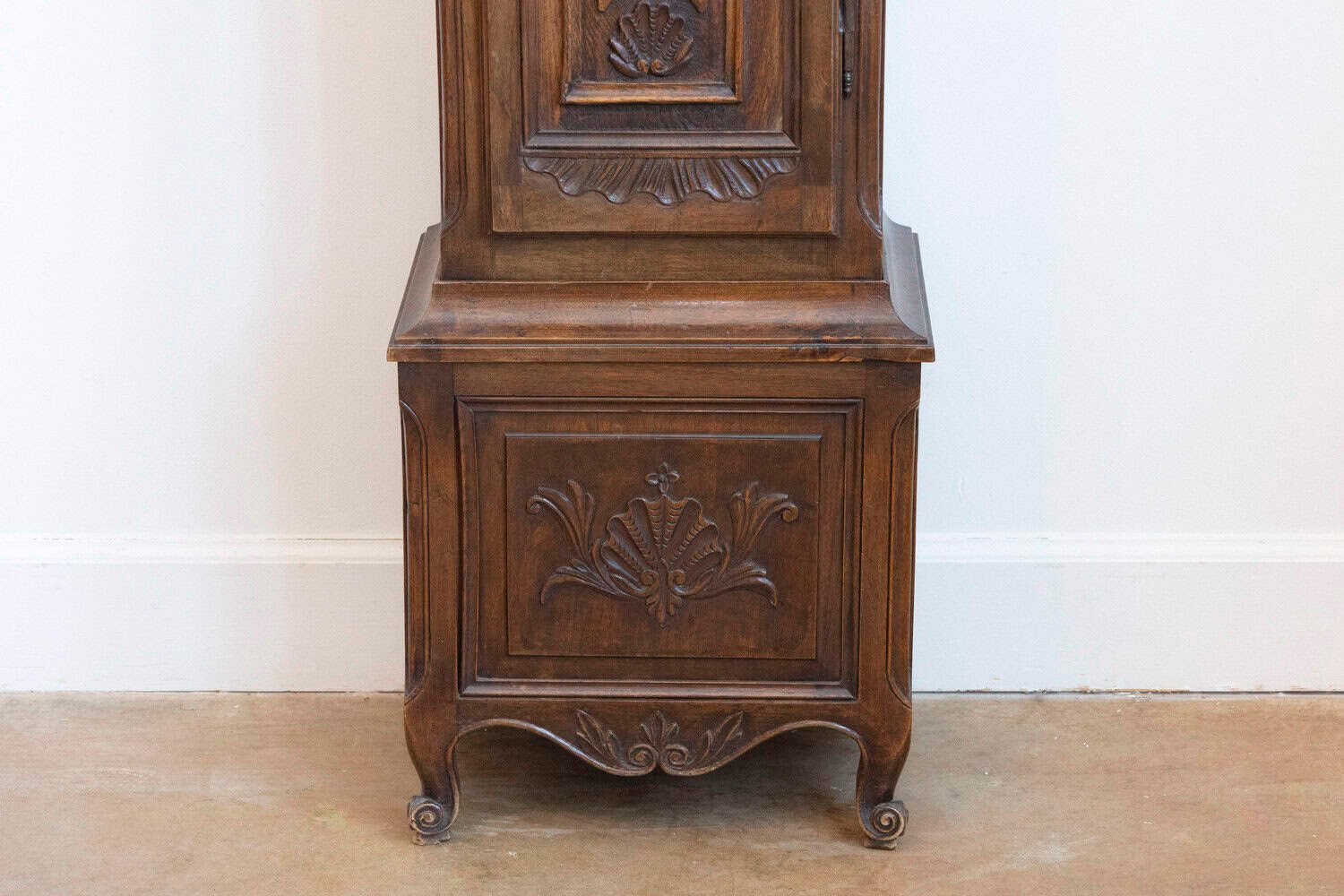 French Napoléon III Carved Walnut Long Case Clock with Brass Farming Scene - JAA