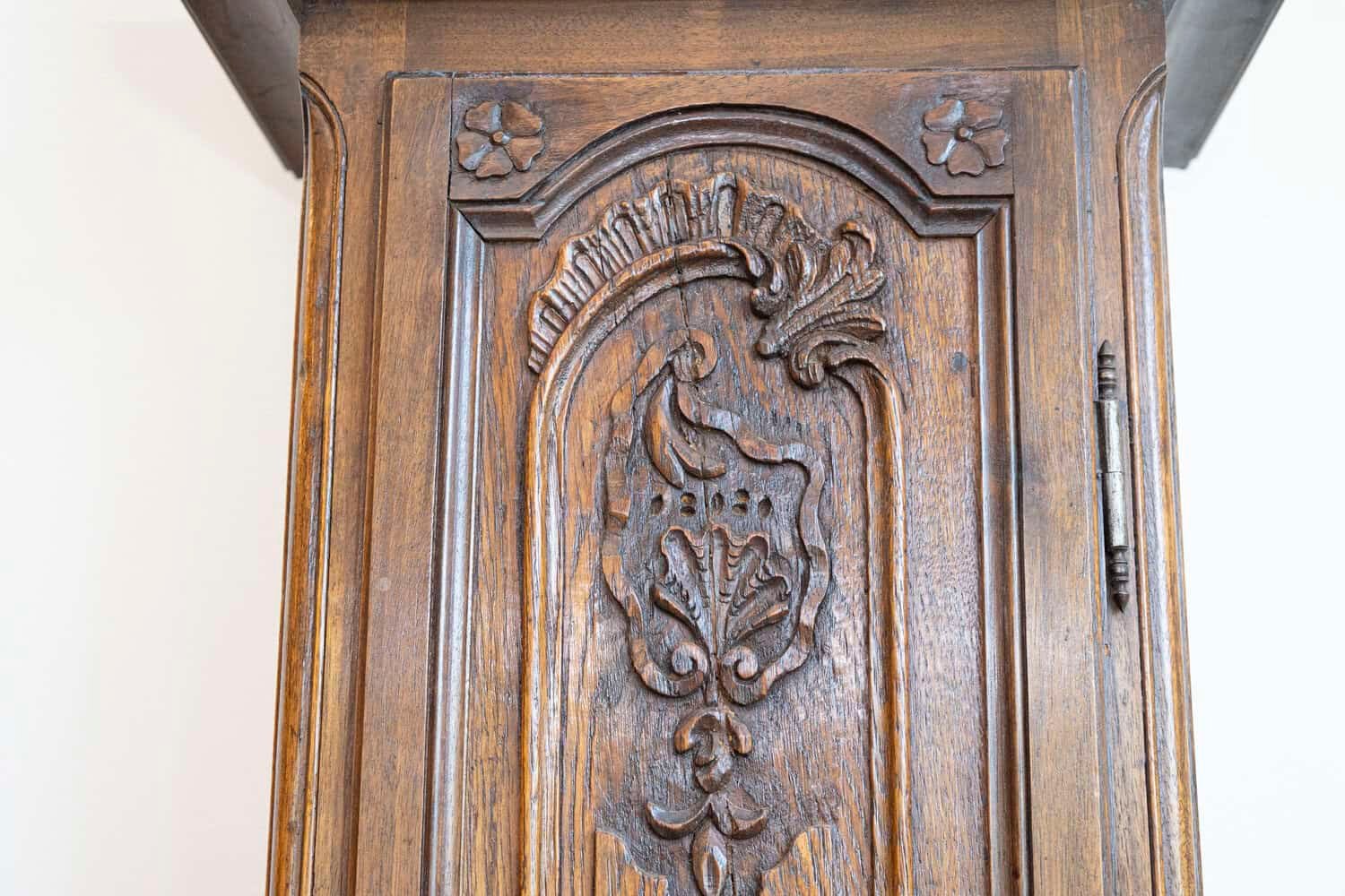 French Napoléon III Carved Walnut Long Case Clock with Brass Farming Scene - JAA