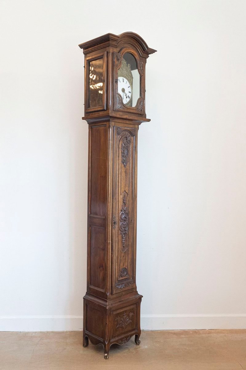 French Napoléon III Carved Walnut Long Case Clock with Brass Farming Scene - JAA