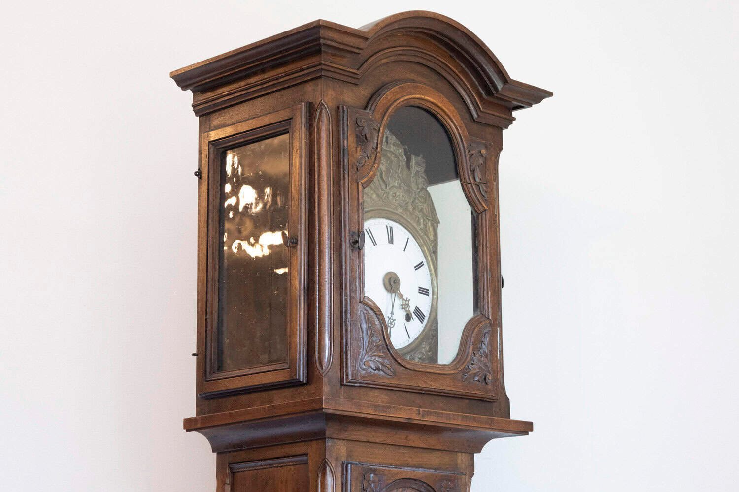 French Napoléon III Carved Walnut Long Case Clock with Brass Farming Scene - JAA