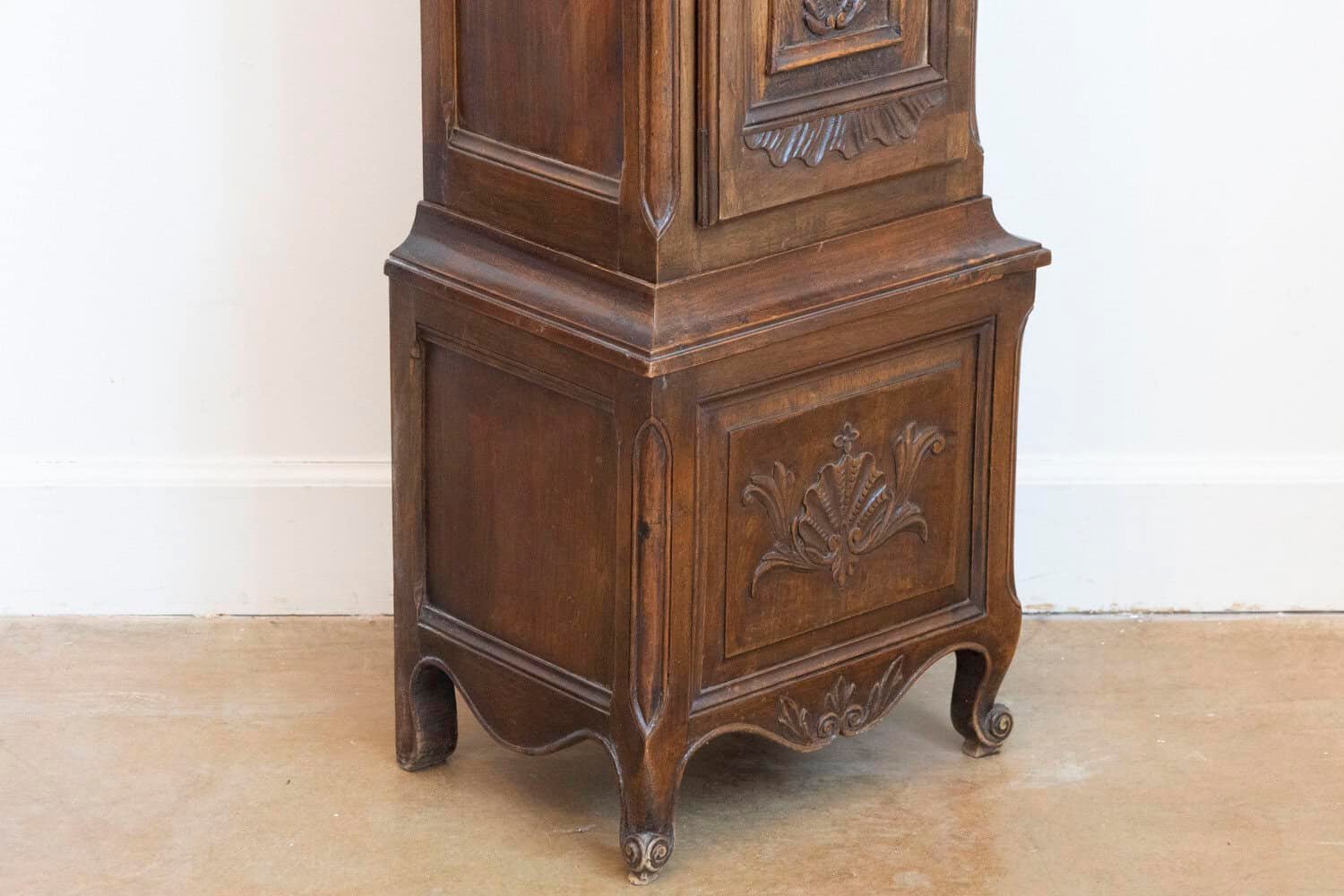 French Napoléon III Carved Walnut Long Case Clock with Brass Farming Scene - JAA