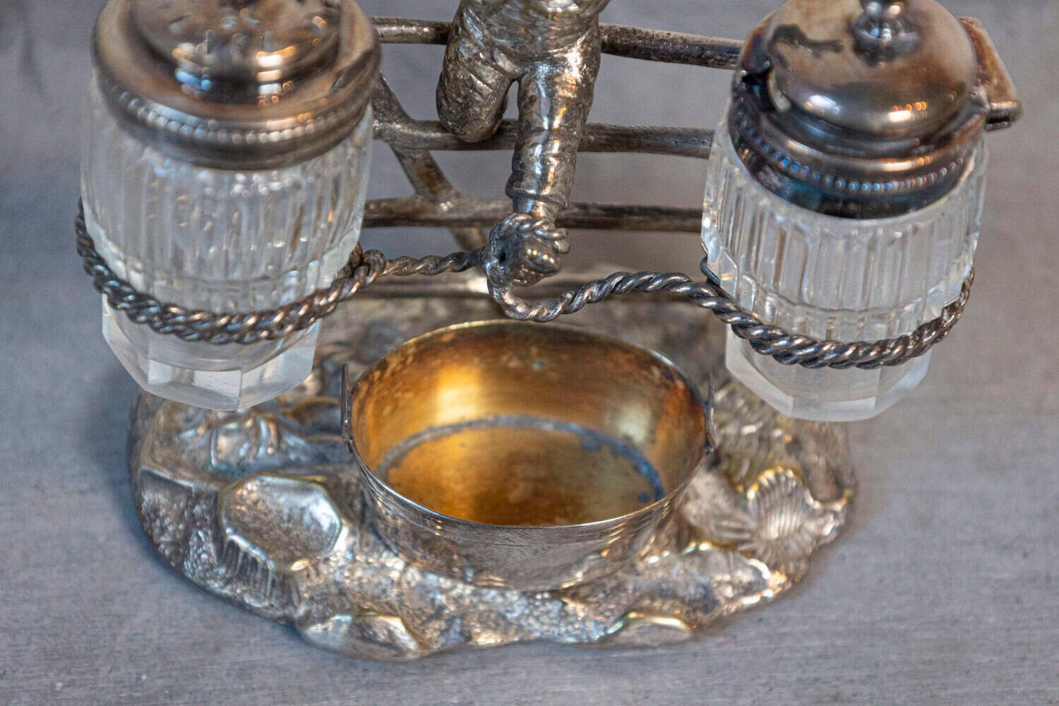 English Silver Plated Cruet Set of Young Boy Leaping in the Air circa 1873 - JAA