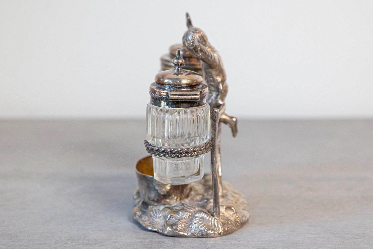 English Silver Plated Cruet Set of Young Boy Leaping in the Air circa 1873 - JAA