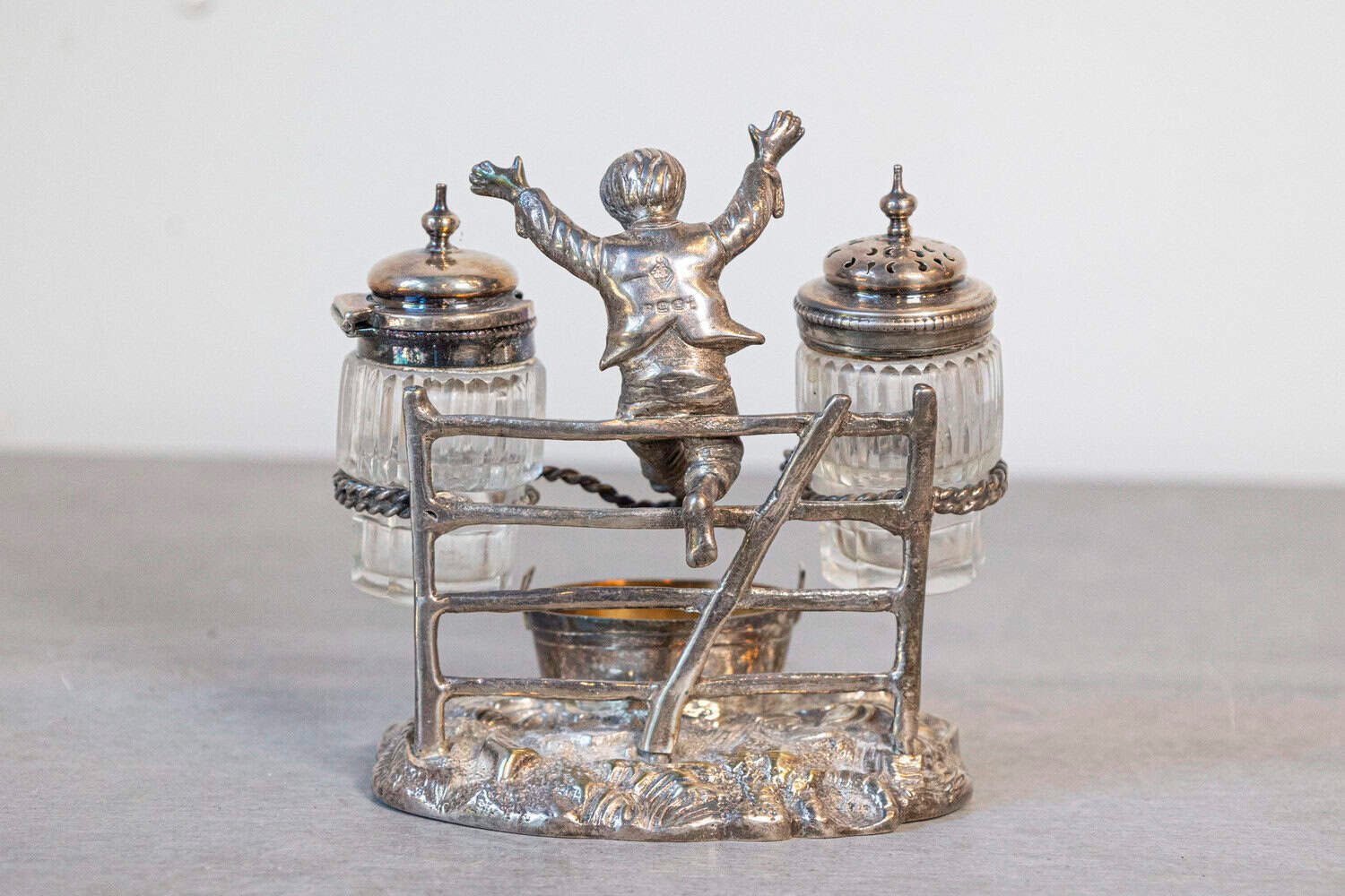 English Silver Plated Cruet Set of Young Boy Leaping in the Air circa 1873 - JAA